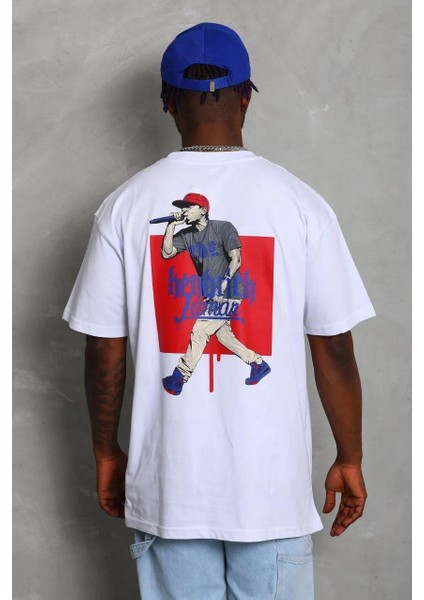 Unisex Oversize Baskılı Bisiklet Yaka T-Shirt - Beyaz indirimleri