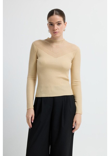 Şeffaf Örgülü Triko Kazak Bej 13945302000