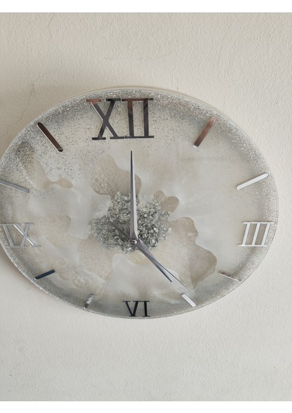 | El Yapımı Epoksi Duvar Saati 35 cm | Parlak Simli & Şeffaf Reçine | Lüks Modern Dekoratif Tasarım | Modern Ev Dekoru | Ev & Ofis Dekoru fırsatları