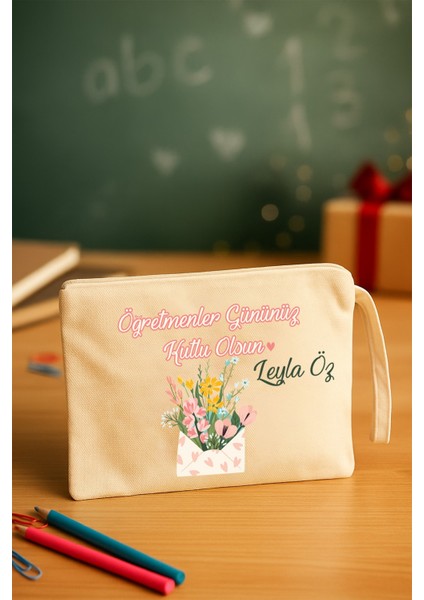 Öğretmenler Günü Hediyesi Clutch Çanta Isme Özel Üretim Çiçekli Zarf Tasarım