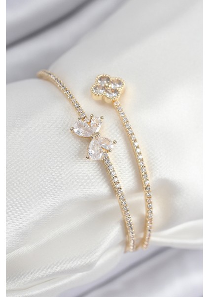 Pirinç Zirkon Taşlı Fiyonk ve Yonca Model Gold Renk Kadın Bileklik - TJ-BB7851