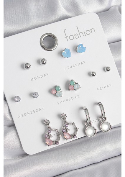 Pirinç Gümüş Renk Zirkon Taşlı Sallantı Halka Model Çiçek Detay 7 Çift Kadın Küpe Seti - Lisinya