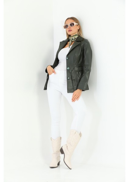 Kadın Kuşak Detaylı Hakiki Deri Ceket