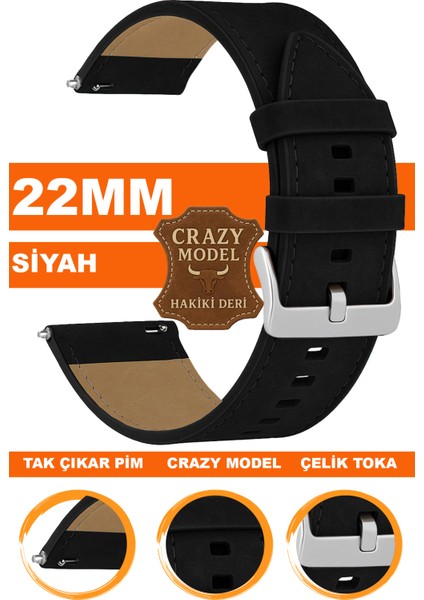 xiaomi mi watch s1-s2 yuvarlak kasa uyumlu 22mm crazy hakiki deri saat kordonu kayışı l10hwc-sıyah-sılver