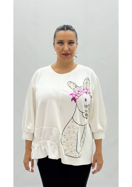 Büyük Beden Viskon Taşlı Inci Detaylı Kapri Kol Oversize Kadın Bluz