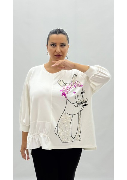 Büyük Beden Viskon Taşlı Inci Detaylı Kapri Kol Oversize Kadın Bluz fiyatları