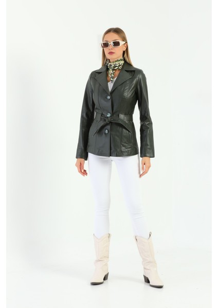Kadın Kuşak Detaylı Hakiki Deri Ceket
