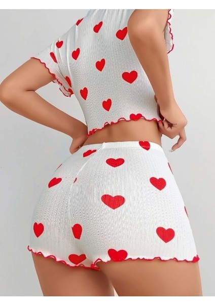 Beyaz Kalp Desenli Kısa Kollu Şortlu Crop Takım fiyatları