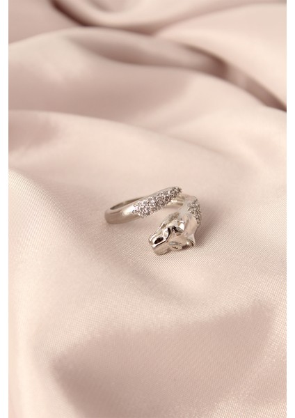 Gümüş Renk Metal Zirkon Taşlı Kaplan Model Ayarlanabilir Kadın Yüzük - Lisinya