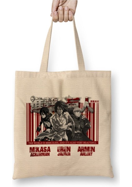 Shingeki No Kyojin Attack On Titan Beyaz Bez Çanta Uzun Saplı Alışveriş Çantası Plaj Çantası