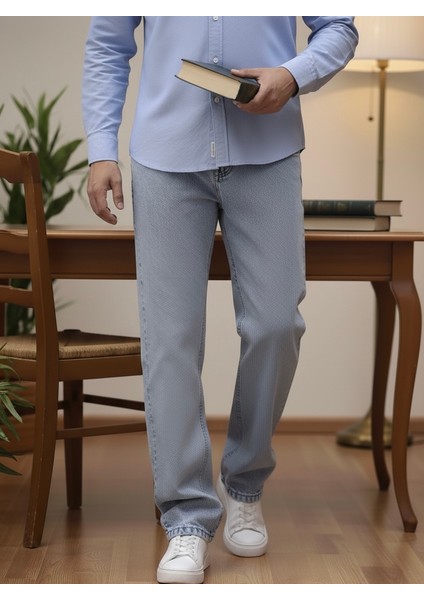 Erkek Buz Mavi Baggy Oversize Bol Paça Jean Kot Pantolon