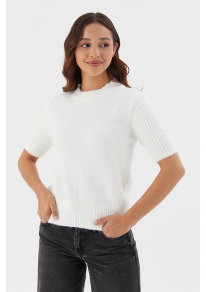 Kısa Kol Kazak Bluz Krem