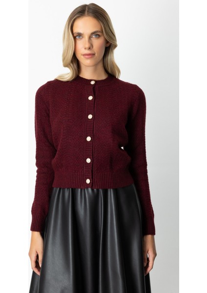 Kadın Düğmeli Sıfır Yaka Hırka 63903 Bordo