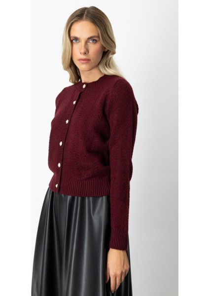 Kadın Düğmeli Sıfır Yaka Hırka 63903 Bordo fiyatları
