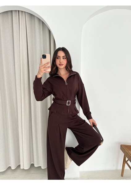 Modal Kumaş Fermuarlı Kemerli Şık Günlük Eşofman Takımı / Modal Fabric Zippered Belted Tracksuit Set modelleri
