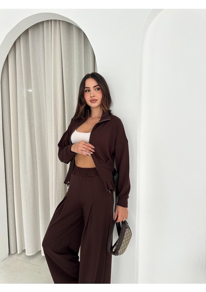 Modal Kumaş Fermuarlı Kemerli Şık Günlük Eşofman Takımı / Modal Fabric Zippered Belted Tracksuit Set indirimleri