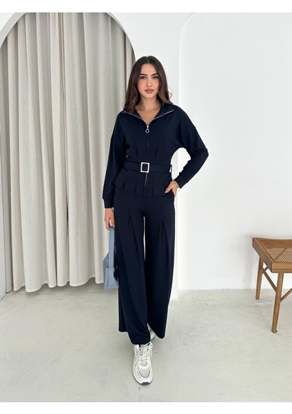 Modal Kumaş Fermuarlı Kemerli Şık Günlük Eşofman Takımı / Modal Fabric Zippered Belted Tracksuit Set fırsatları