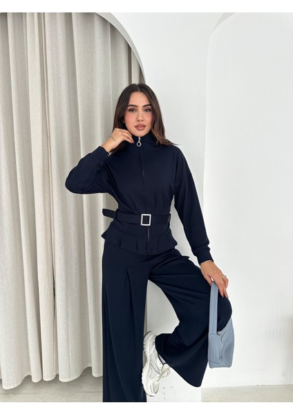 Modal Kumaş Fermuarlı Kemerli Şık Günlük Eşofman Takımı / Modal Fabric Zippered Belted Tracksuit Set