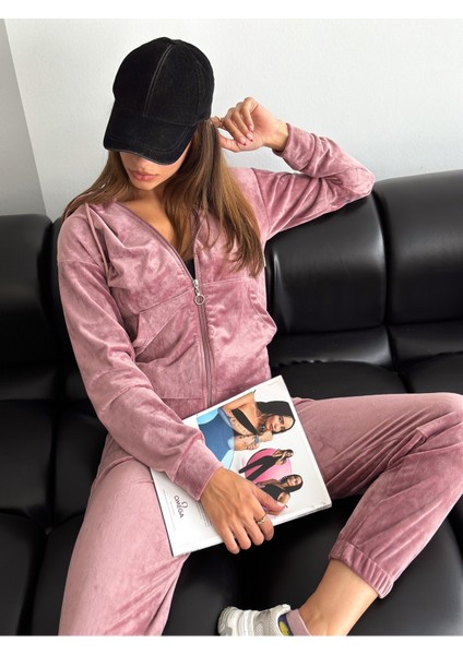 Kadife Kumaş Kapüşonlu Eşofman Takımı – Rahat Fit Günlük Şık Takım | Velvet Zip Hoodie Tracksuit Set