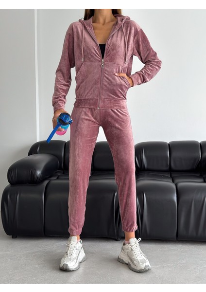 Kadife Kumaş Kapüşonlu Eşofman Takımı – Rahat Fit Günlük Şık Takım | Velvet Zip Hoodie Tracksuit Set fiyatları