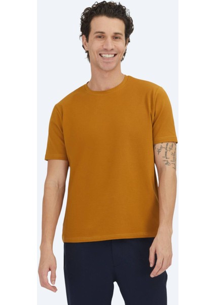 Hardal Düz Bisiklet Yaka Pamuk Karışımlı T-Shirt