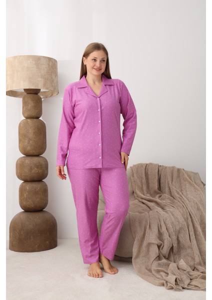 Boydan Düğmeli Süet Kumaş Büyük Beden Kadın Pijama Takımı 2170