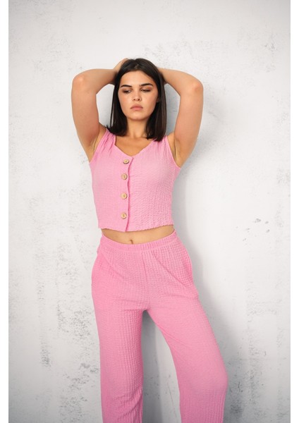 Kadın Gofre Takım Yelekli - Yelek ve Pantolon - Yazlık Takım indirimleri