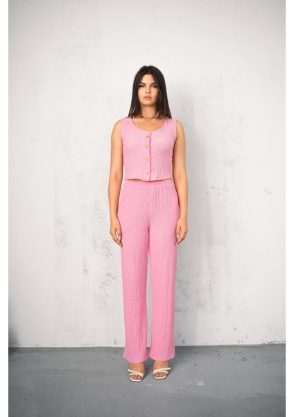 Kadın Gofre Takım Yelekli - Yelek ve Pantolon - Yazlık Takım