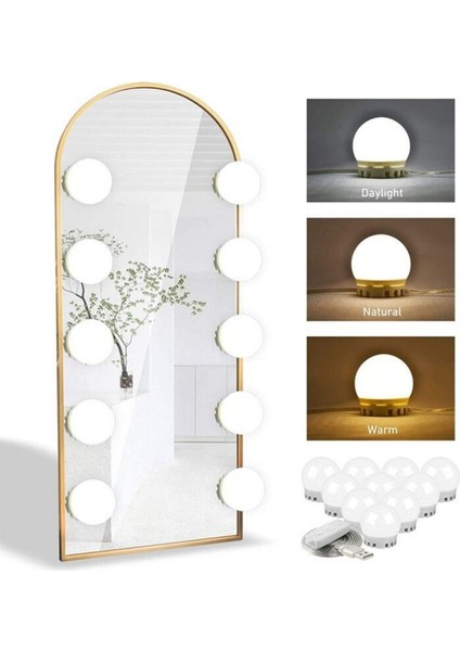 Nostalji Hollywood Tarzı 10&apos;lu Makyaj Masası Aynası Beyaz LED Işıklı Lamba USB (5332)