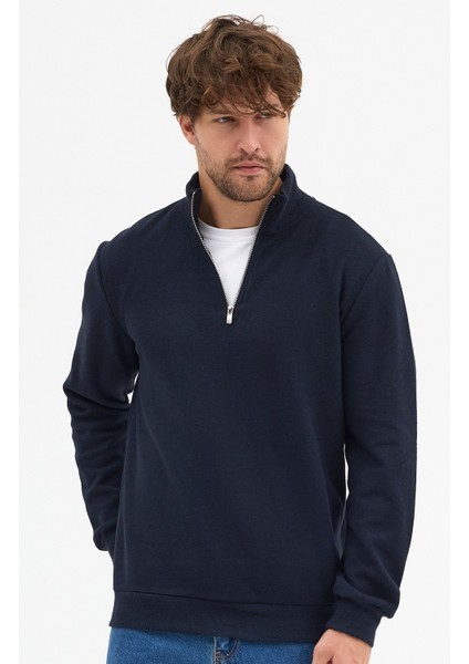 Erkek Lacivert Standart Fit Normal Kesim Pamuklu Yarım Fermuarlı Dik Yaka Pamuklu Sweatshirt