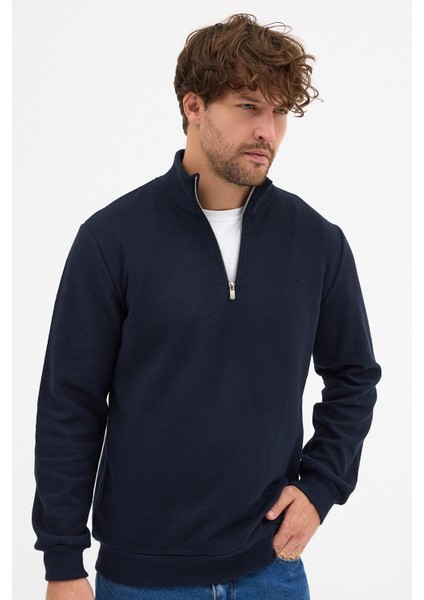 Erkek Lacivert Standart Fit Normal Kesim Pamuklu Yarım Fermuarlı Dik Yaka Pamuklu Sweatshirt fiyatları