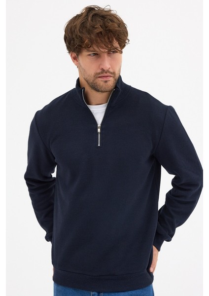 Erkek Lacivert Standart Fit Normal Kesim Pamuklu Yarım Fermuarlı Dik Yaka Pamuklu Sweatshirt modelleri