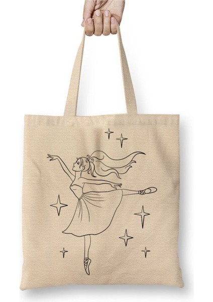 Balerin Beyaz Bez Çanta Uzun Saplı Alışveriş Çantası Plaj Çantası