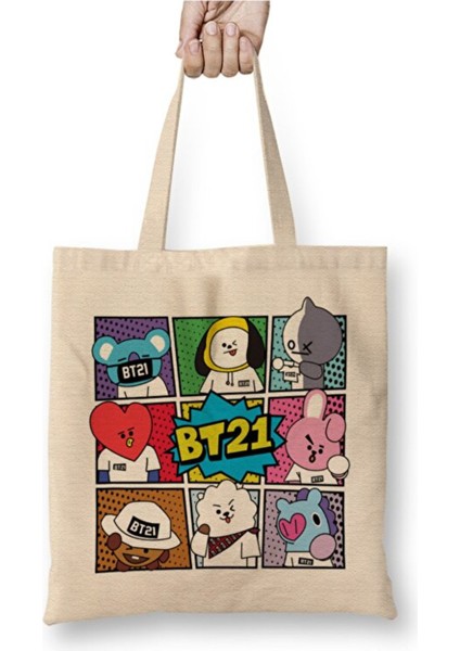 Bts BT21 Bez Çanta Uzun Saplı Alışveriş Çantası Plaj Çantası
