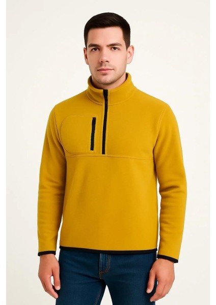 Erkek Polar Kazak – Dik Yaka, Yarım Fermuarlı, Fermuarlı Göğüs Cepli, Siyah Biyeli, Kışlık Rahat Regular Fit Günlük Model - Sarı modelleri