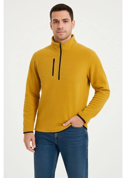 Erkek Polar Kazak – Dik Yaka, Yarım Fermuarlı, Fermuarlı Göğüs Cepli, Siyah Biyeli, Kışlık Rahat Regular Fit Günlük Model - Sarı fırsatları