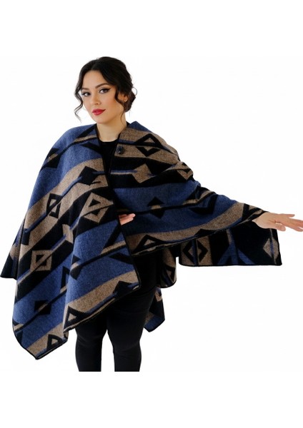 Mavi Bej Siyah Etnik Desenli Tüylenmez Yünlü Sıcak Tutan Unisex Kampçı Panço Kışlık Şal
