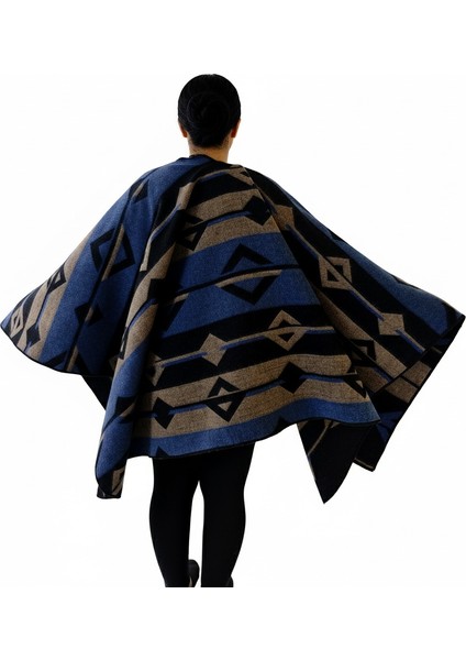 Mavi Bej Siyah Etnik Desenli Tüylenmez Yünlü Sıcak Tutan Unisex Kampçı Panço Kışlık Şal modelleri