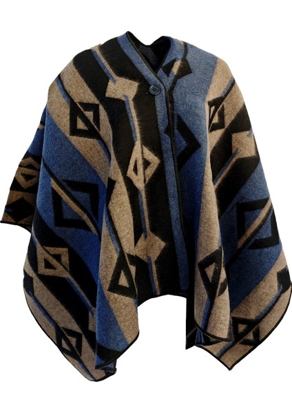 Mavi Bej Siyah Etnik Desenli Tüylenmez Yünlü Sıcak Tutan Unisex Kampçı Panço Kışlık Şal fırsatları