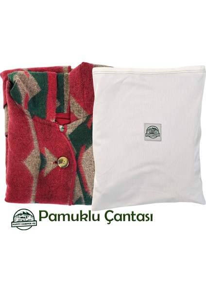 Mavi Bej Siyah Etnik Desenli Tüylenmez Yünlü Sıcak Tutan Unisex Kampçı Panço Kışlık Şal