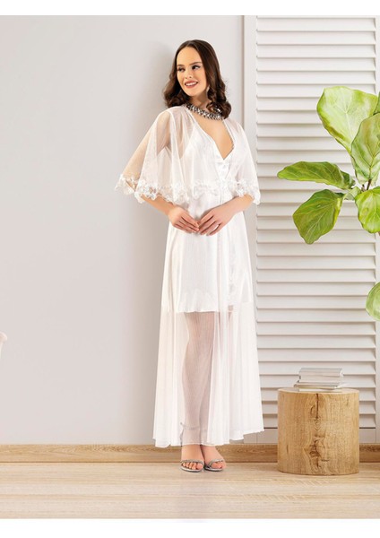 Premium Seri Transparan Tüllü Kısa Kadın Şık 2'li Takım Gecelik ve Sabahlık