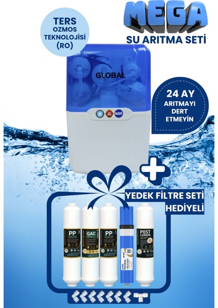 Mega Su Arıtma Seti-Yedek Filtre Seti HEDIYELI-80GPD 5 Filtreli Ro Sistem-8 Lt Tank-Beyaz