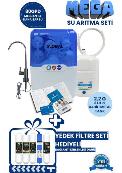 Mega Su Arıtma Seti-Yedek Filtre Seti HEDIYELI-80GPD 5 Filtreli Ro Sistem-8 Lt Tank-Beyaz modelleri