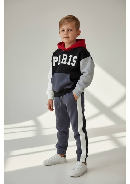 Paris Baskılı Kapüşonlu Kışlık Erkek çocuk takım - Siyah
