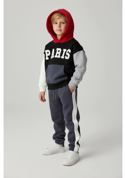Paris Baskılı Kapüşonlu Kışlık Erkek çocuk takım - Siyah fiyatları