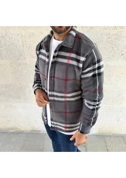 Erkek Ekose Desenli Düğmeli Polar Yakalı Uzun Kollu Gömlek Oversize Rahat Kalıp - Füme -Vlmr fiyatları