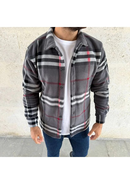 Erkek Ekose Desenli Düğmeli Polar Yakalı Uzun Kollu Gömlek Oversize Rahat Kalıp - Füme -Vlmr modelleri