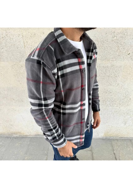 Erkek Ekose Desenli Düğmeli Polar Yakalı Uzun Kollu Gömlek Oversize Rahat Kalıp - Füme -Vlmr fırsatları