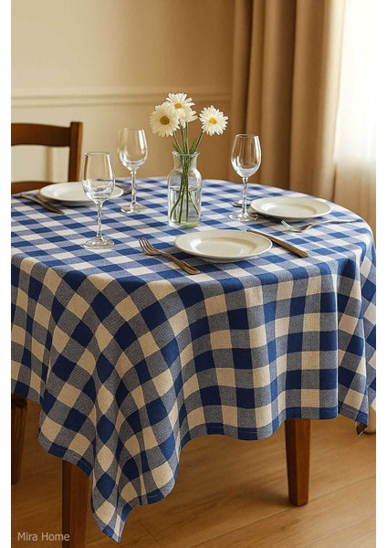 Fiber Kareli Masa Örtüsü Sofra Bezi Ekose Desen 160X160 cm Mavi