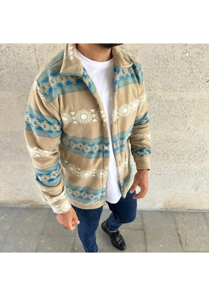 Erkek Desenli Polar Gömlek – Etnik Şerit Desen Yakalı, Uzun Kollu, Düğmeli, Oversize Rahat Kalıp - Sarı modelleri